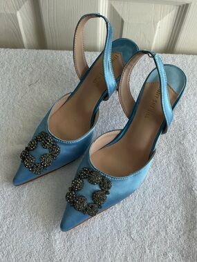 Blue Satin Pointed Slingback Heels with Crystal Buckle